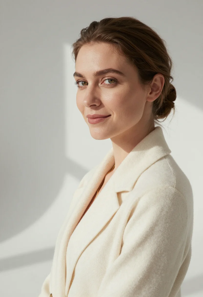 AI winter white suit headshot sample — portrait of a woman, close headshot of a Western-European wo