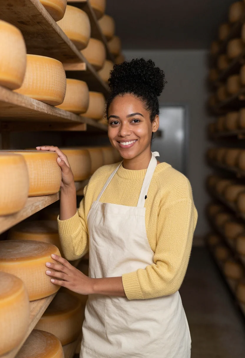 AI wisconsin cheesemaker butter sample — portrait of a woman, in her late twenties, with warm brown s