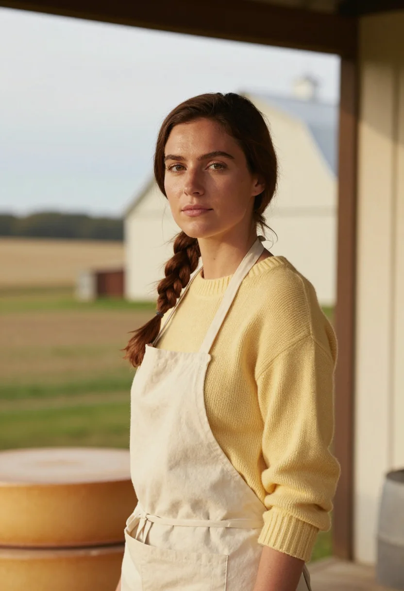 AI wisconsin cheesemaker butter sample — portrait of a woman, in her early forties, with warm olive s