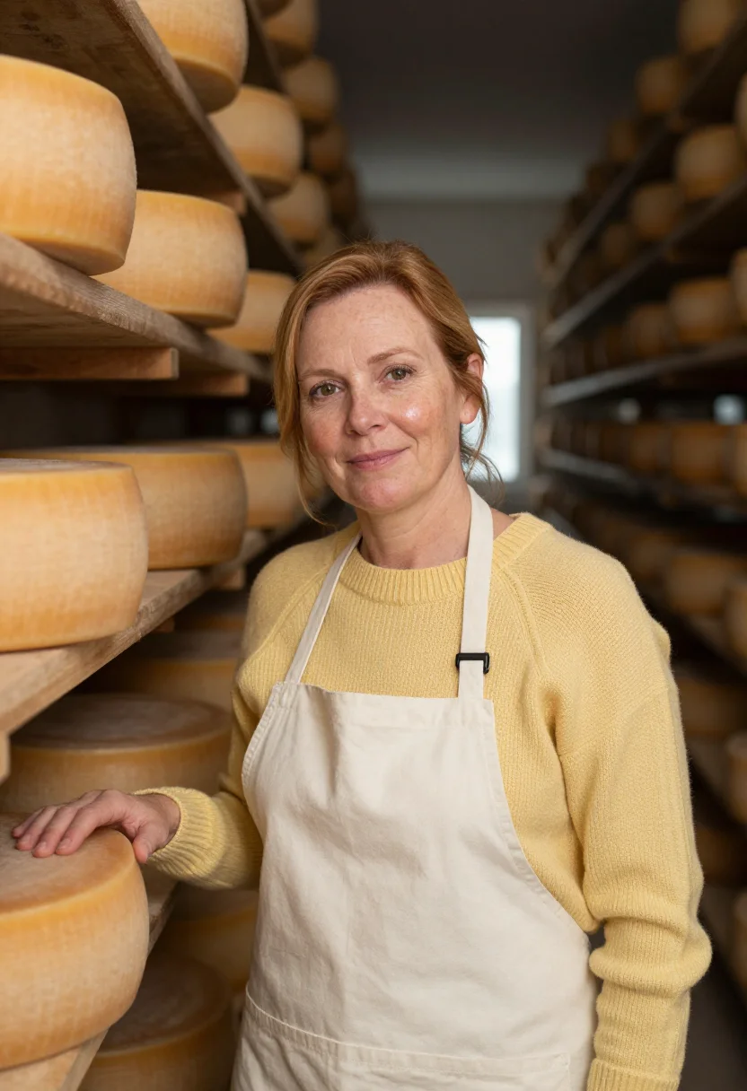 AI wisconsin cheesemaker butter sample — portrait of a woman, in her mid-fifties, with fair freckled
