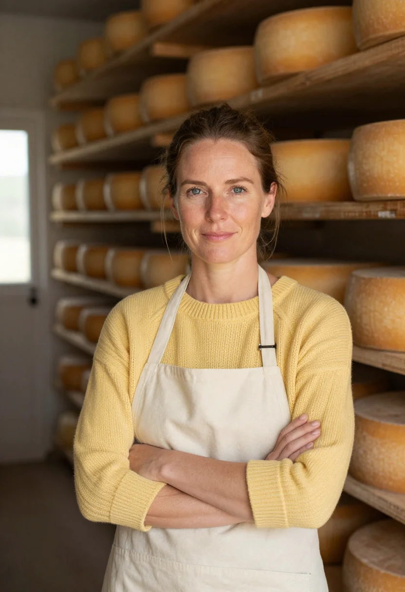 AI wisconsin cheesemaker butter sample — portrait of a woman, in her mid-forties, with warm ivory ski