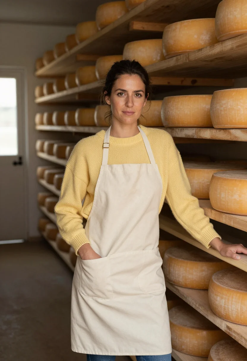 AI wisconsin cheesemaker butter sample — portrait of a woman, in her early thirties, with golden tan