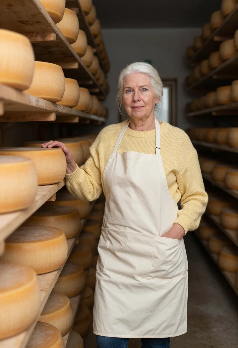 AI wisconsin cheesemaker butter sample — portrait of a woman, in her early sixties, with fair skin, p