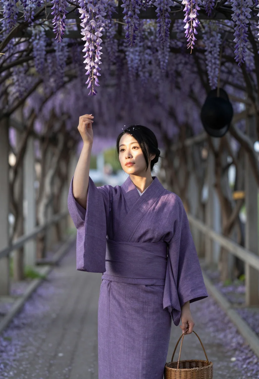 AI wisteria fuji sample — portrait of a woman, full-length standing portrait at chest