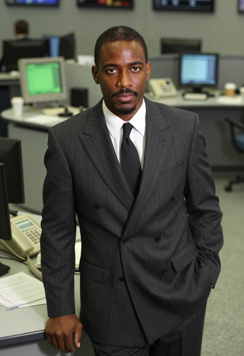 AI wolf of wall street stratton oakmont pinstripe sample — portrait of a man, an African-American man in his mid-thirti