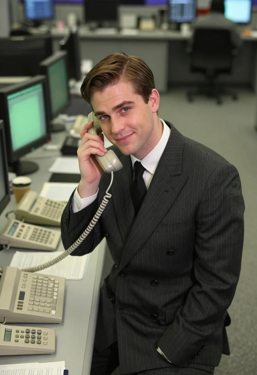 AI wolf of wall street stratton oakmont pinstripe sample — portrait of a man, an English man in his late twenties with