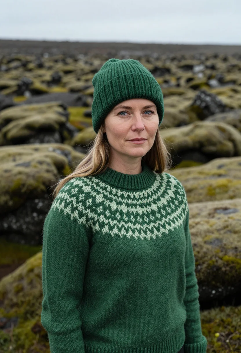 AI woman at war iceland highlands moss sample — portrait of a woman, a Faroese woman in her late thirties wi
