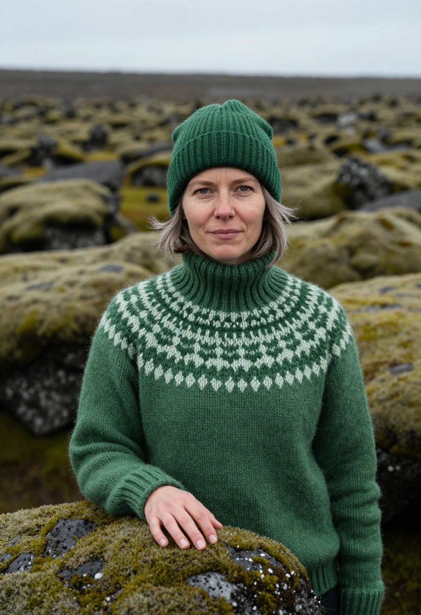 AI woman at war iceland highlands moss sample — portrait of a woman, a Danish woman in her mid-forties with