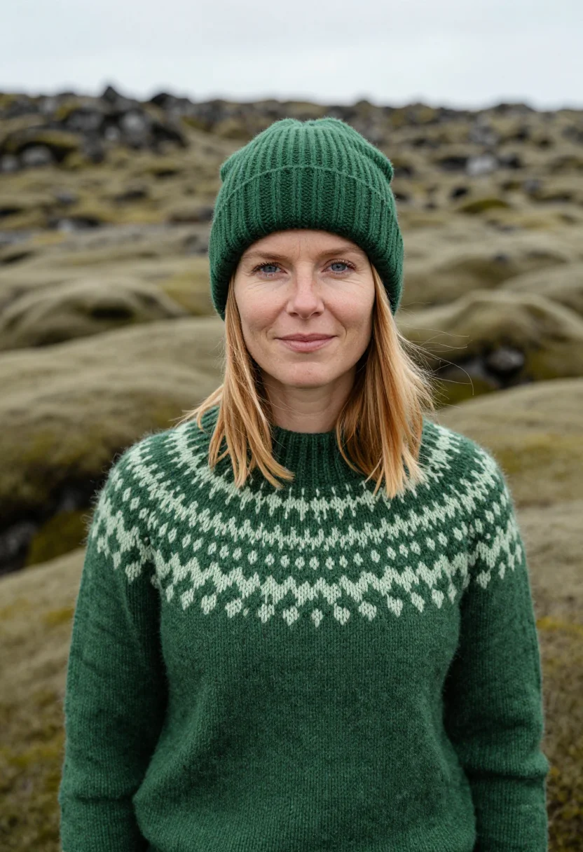 AI woman at war iceland highlands moss sample — portrait of a woman, a Norwegian woman in her early forties