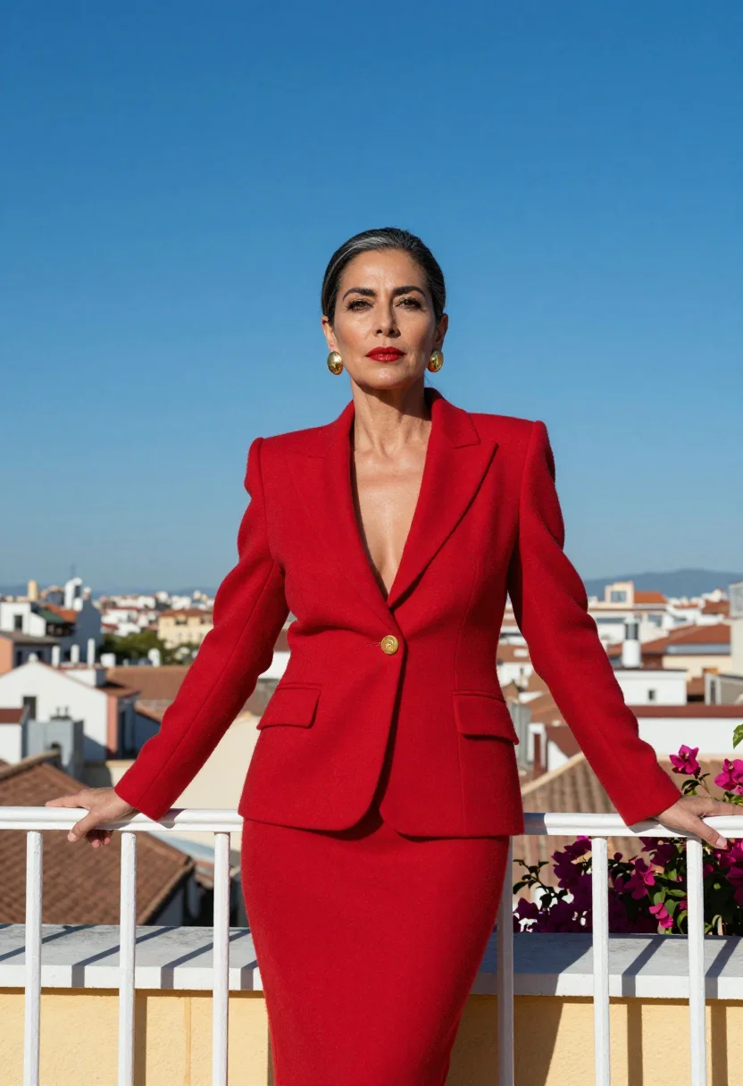 AI women on the verge madrid penthouse terrace palette sample — portrait of a woman, a Spanish woman aged about fifty with o