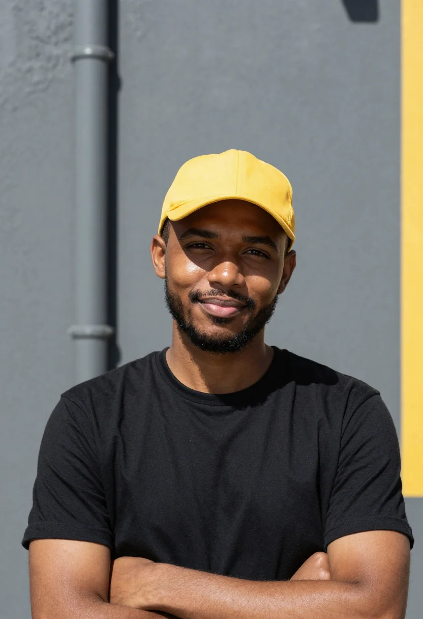 AI woodstock cape town dev yellow sample — portrait of a developer, chest-up portrait of a Cape Malay m