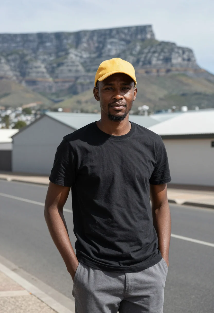 AI woodstock cape town dev yellow sample — portrait of a developer, half-length portrait of a Xhosa man