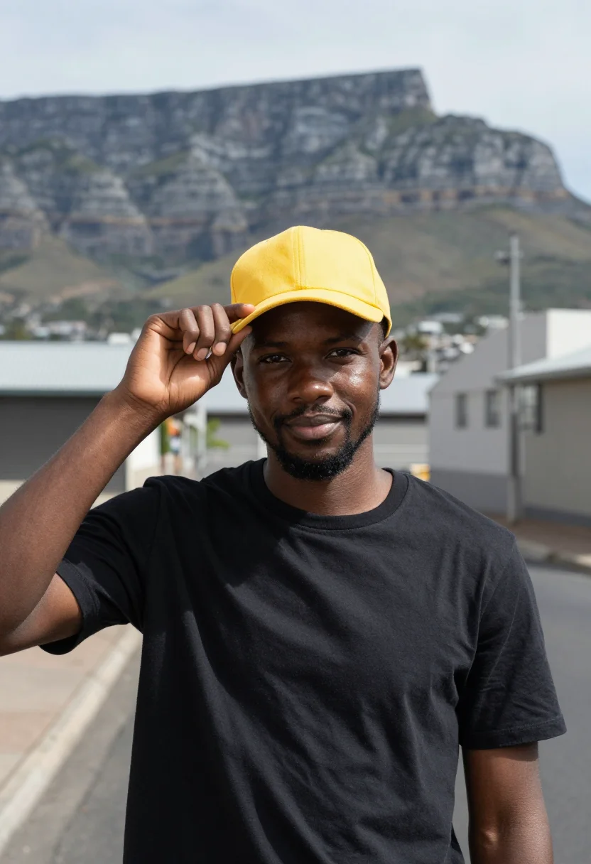 AI woodstock cape town dev yellow sample — portrait of a developer, chest-up portrait of a Xhosa man in