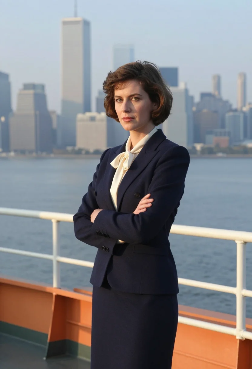 AI working girl staten island ferry 1988 navy sample — portrait of a woman, an English woman in her mid-thirties wi