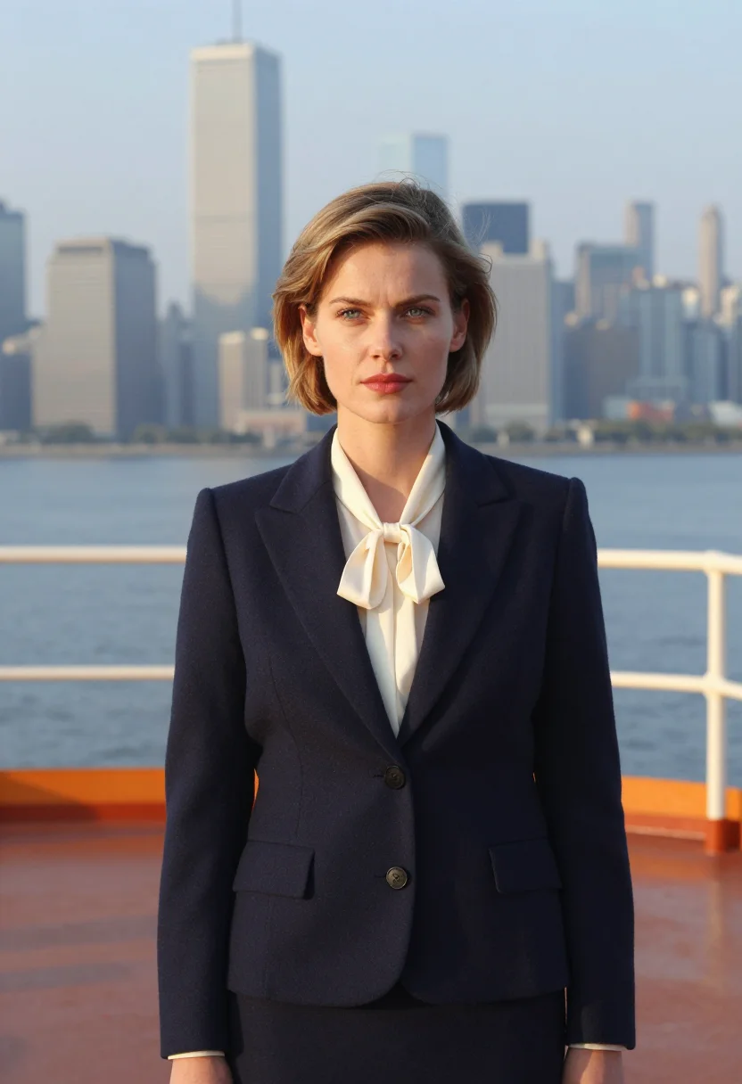 AI working girl staten island ferry 1988 navy sample — portrait of a woman, a Polish-American woman in her late twe