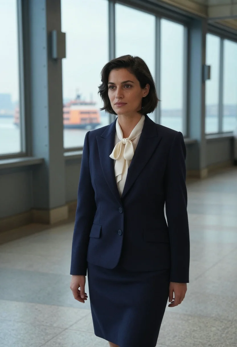 AI working girl staten island ferry 1988 navy sample — portrait of a woman, a Greek-American woman in her early thi