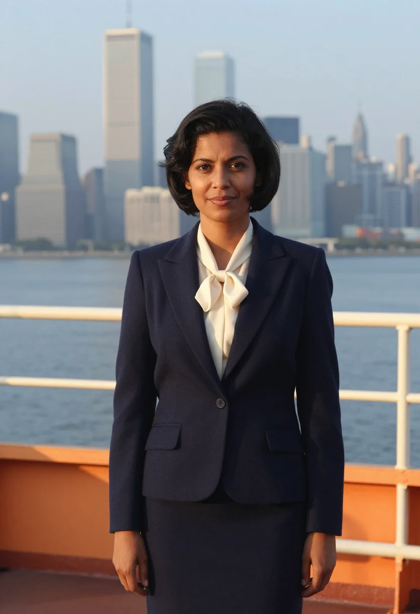 AI working girl staten island ferry 1988 navy sample — portrait of a woman, a Puerto Rican woman in her early thirt