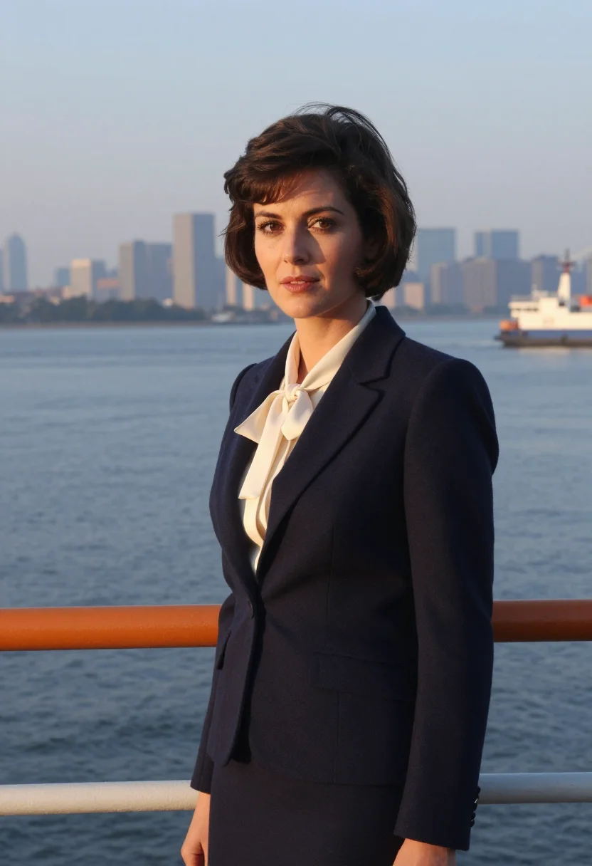 AI working girl staten island ferry 1988 navy sample — portrait of a woman, an Italian-American woman in her early