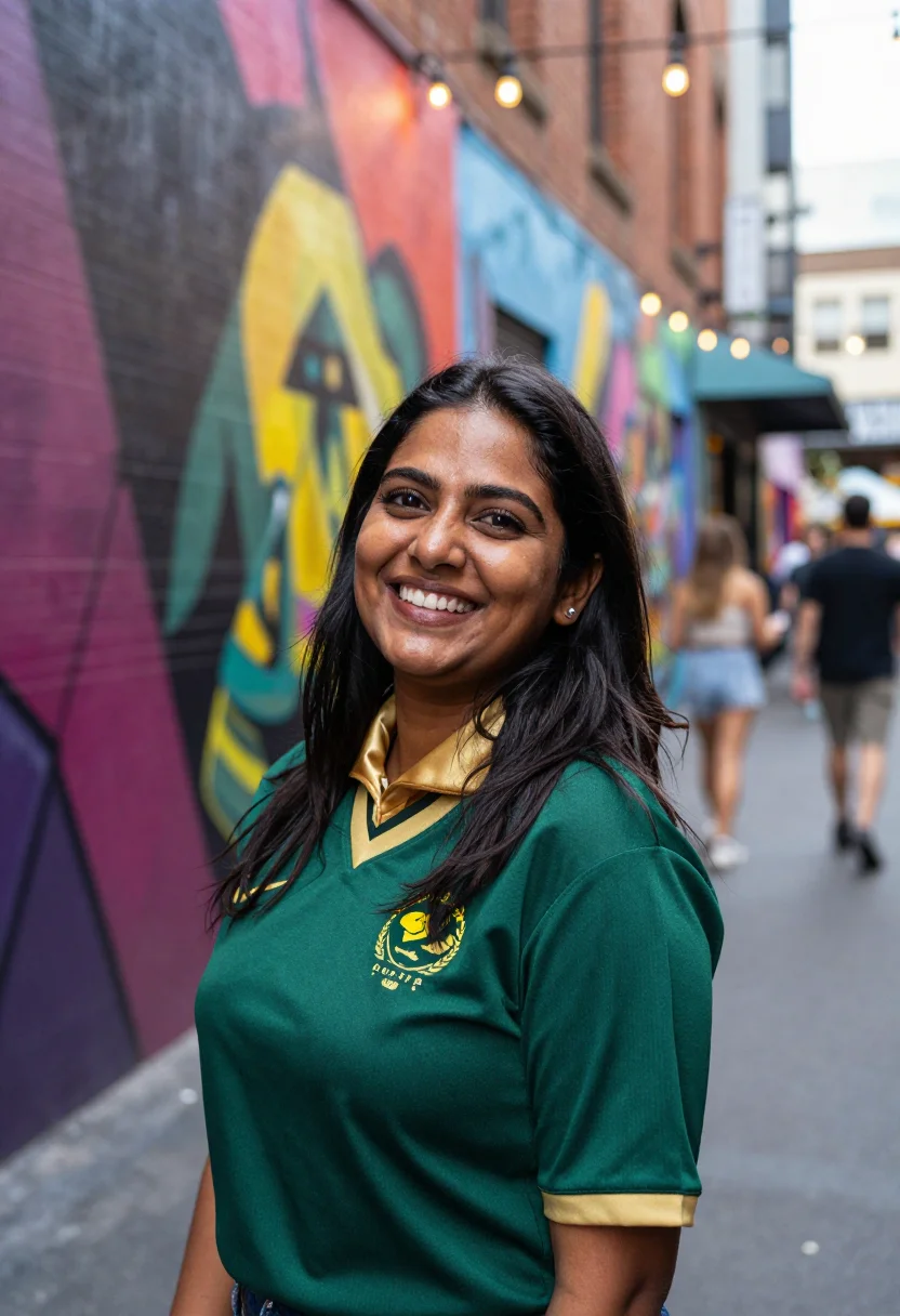 AI worldcup australia sample — candid half-length supporter portrait in a Melbourne graffit