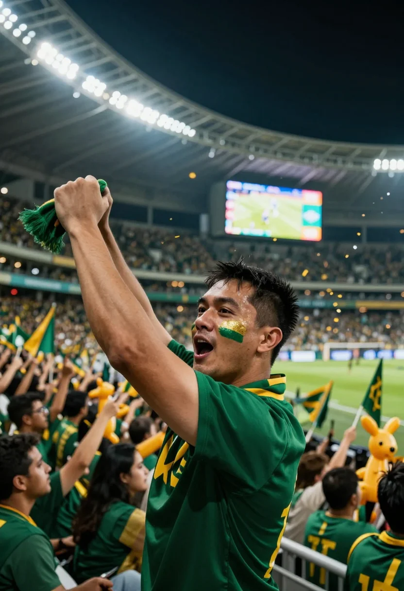 AI worldcup australia sample — wide half-length supporter portrait swallowed in a roaring s