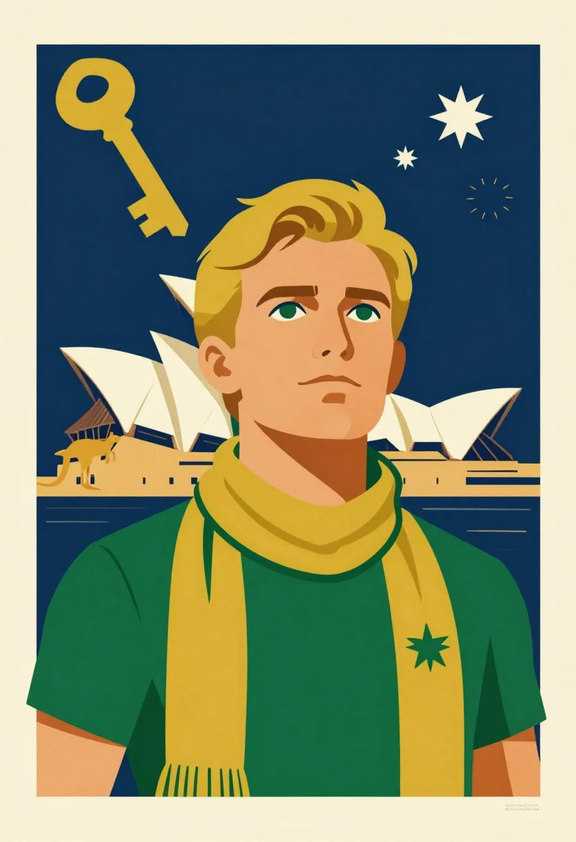 AI worldcup australia sample — vintage mid-century screen-printed travel-poster illustratio