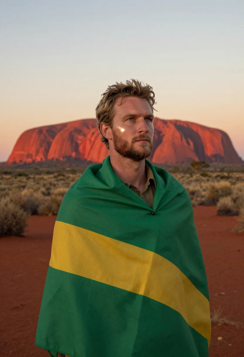 AI worldcup australia sample — heroic half-length supporter portrait on an outback viewing