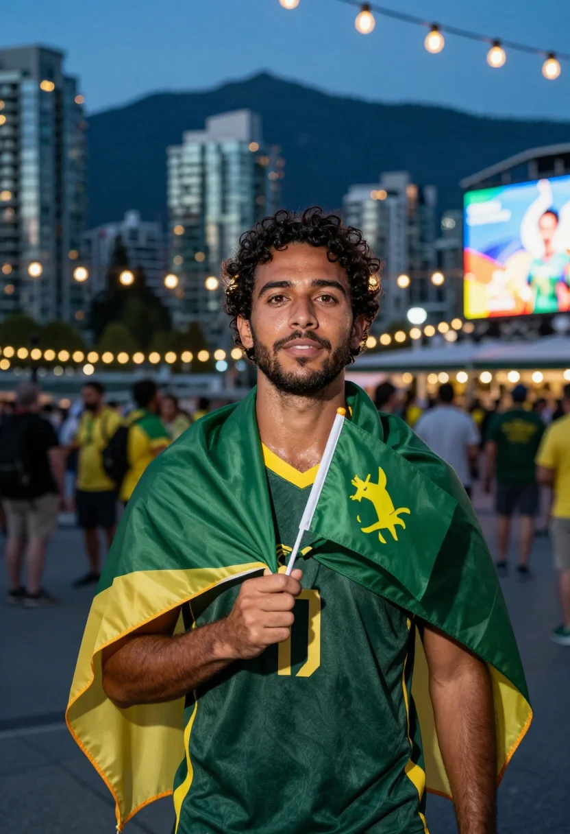 AI worldcup australia sample — heroic half-length supporter portrait at a Vancouver host-ci