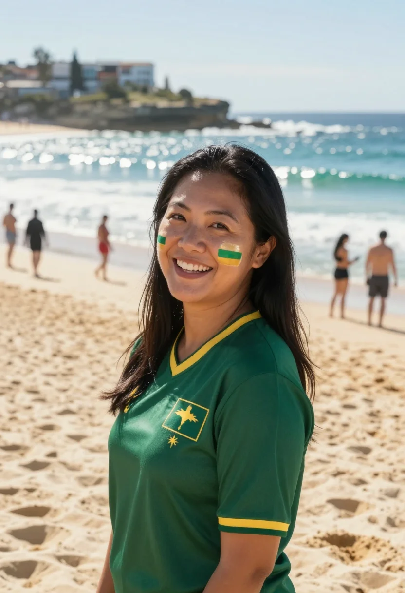 AI worldcup australia sample — candid half-length supporter portrait on the golden sand of