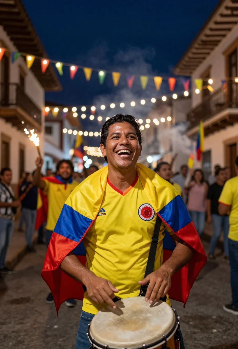 AI worldcup colombia sample — candid half-length supporter portrait in a La Candelaria lan