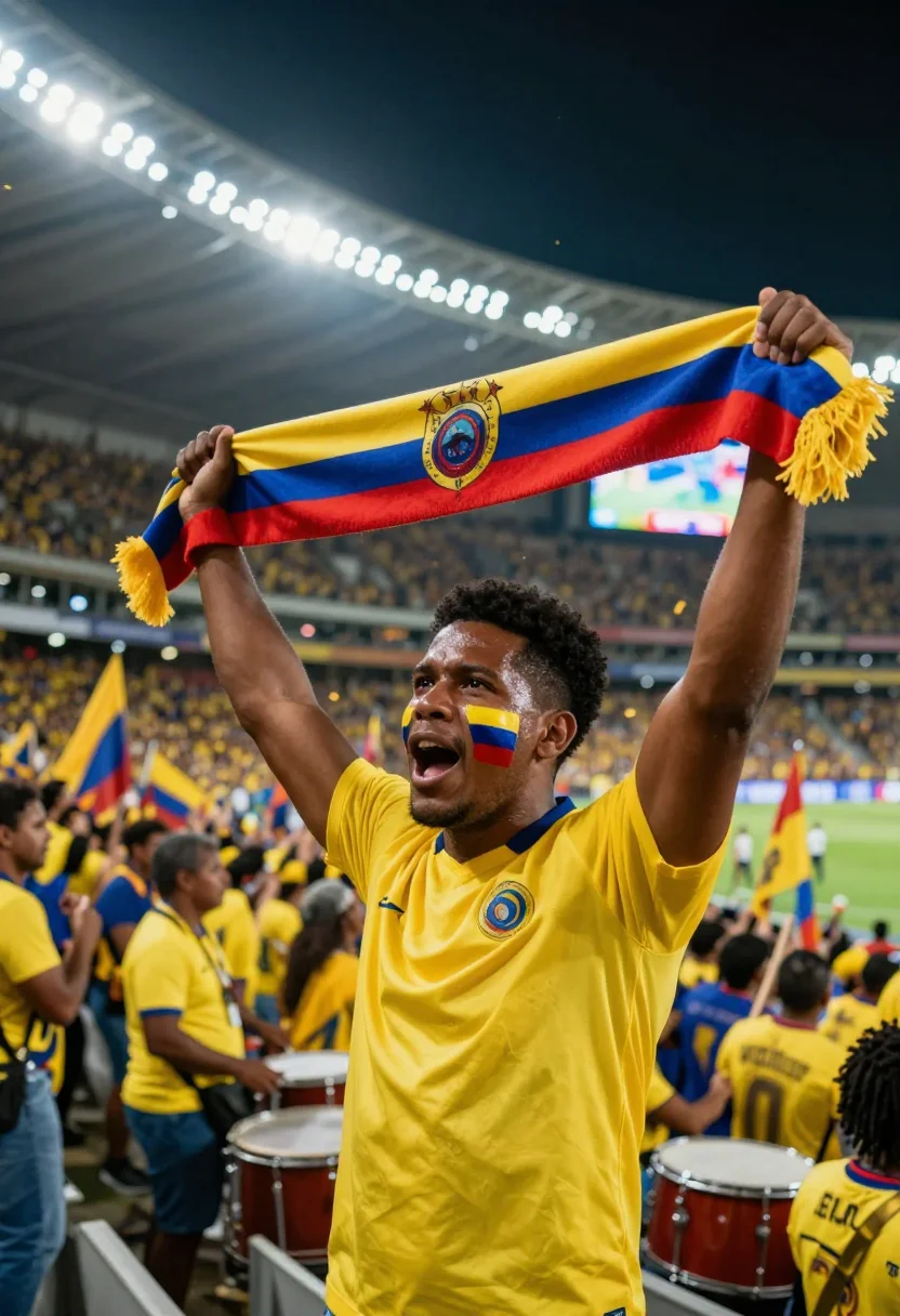 AI worldcup colombia sample — wide half-length supporter portrait swallowed in a roaring s