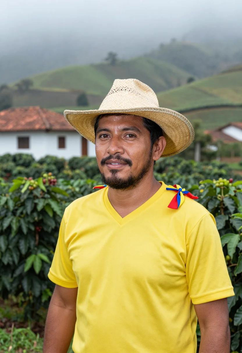 AI worldcup colombia sample — candid half-length supporter portrait on a terraced coffee h
