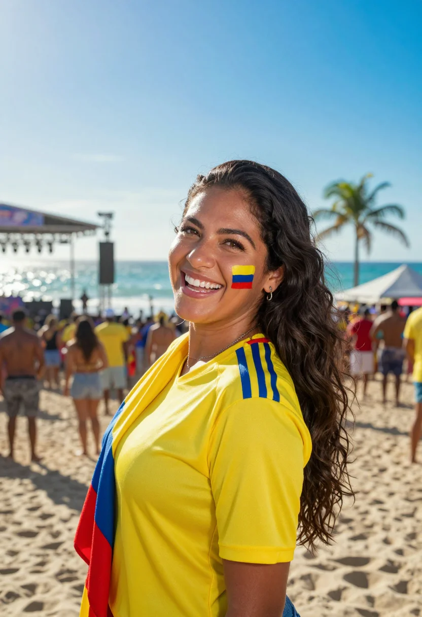 AI worldcup colombia sample — candid half-length supporter portrait at a Caribbean beach f