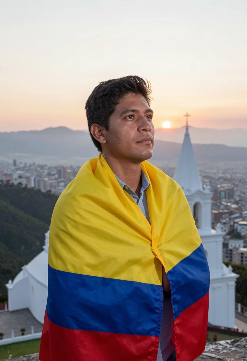 AI worldcup colombia sample — heroic half-length supporter portrait on the Monserrate over