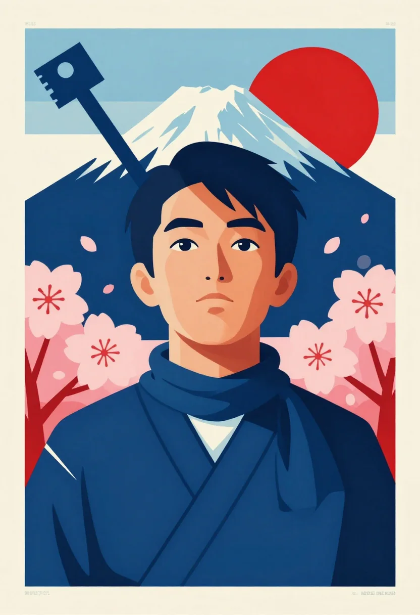 AI worldcup japan sample — vintage mid-century screen-printed travel-poster illustratio