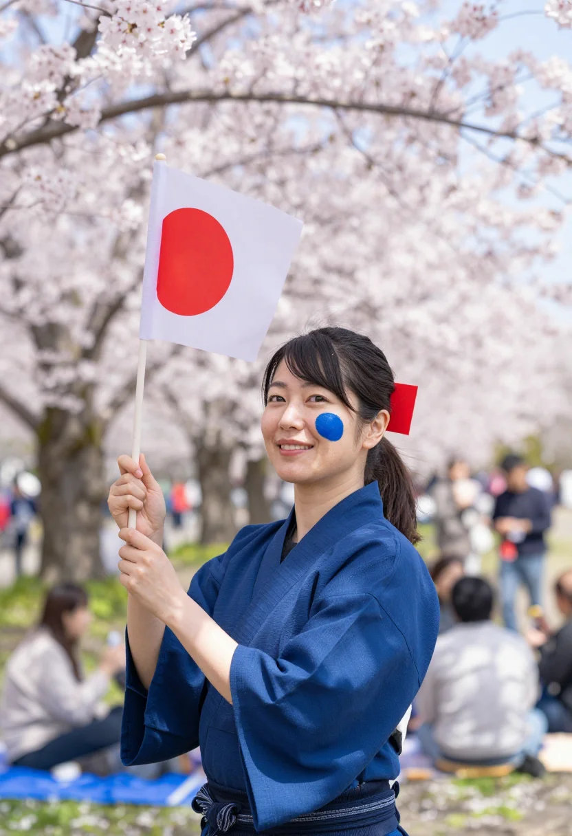 AI worldcup japan sample — festive half-length supporter portrait at a hanami cherry-bl