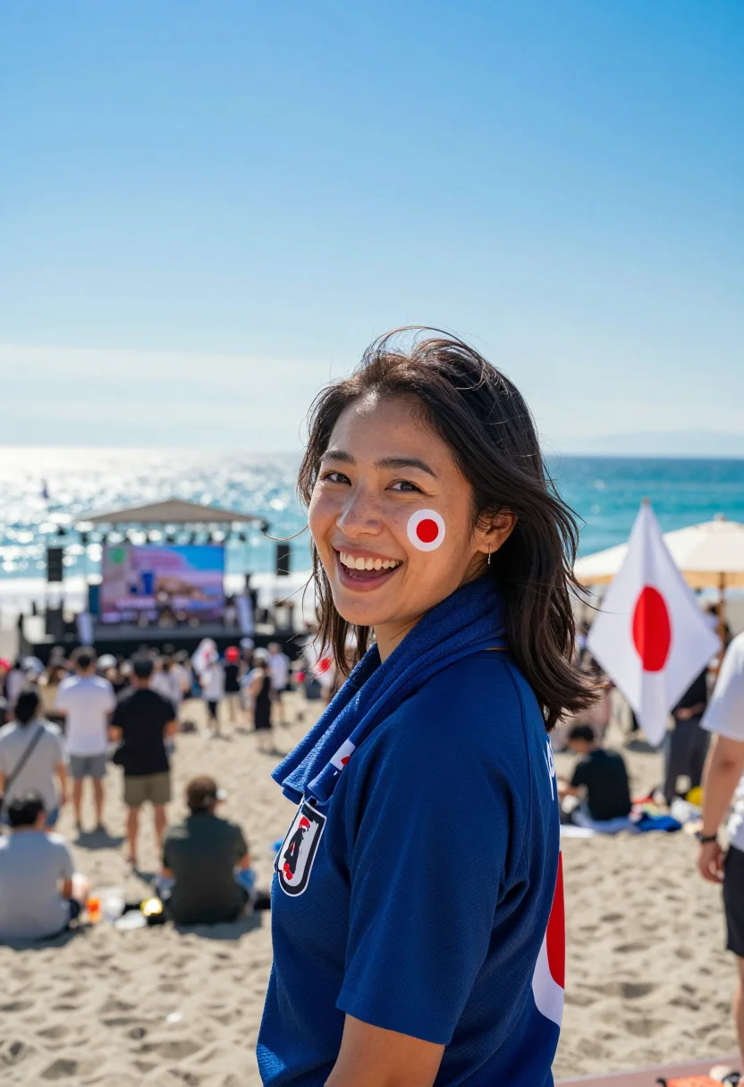AI worldcup japan sample — candid half-length supporter portrait at a Shonan beach fan-