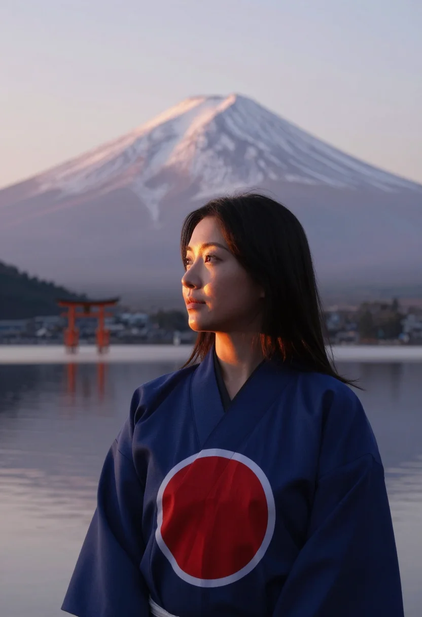AI worldcup japan sample — heroic half-length supporter portrait on a Kawaguchiko lakes