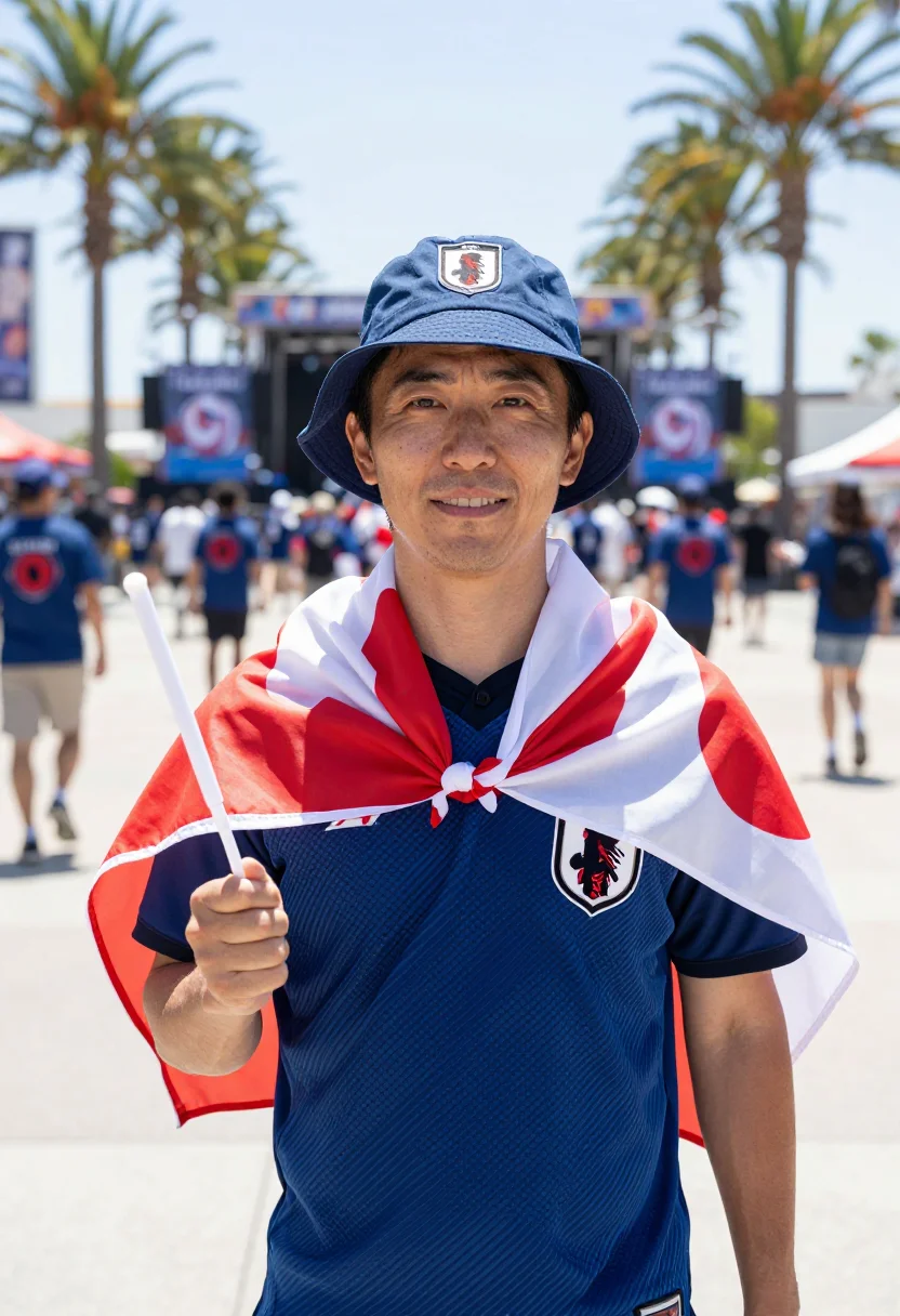 AI worldcup japan sample — heroic half-length supporter portrait at a sunlit Los Angele