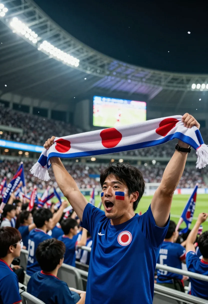 AI worldcup japan sample — wide half-length supporter portrait swallowed in a roaring s