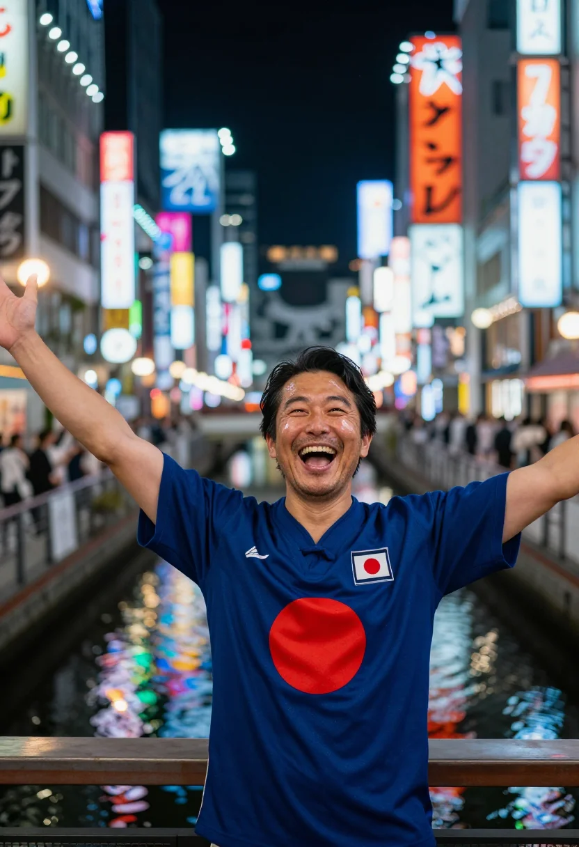 AI worldcup japan sample — candid half-length supporter portrait in the neon canyon of