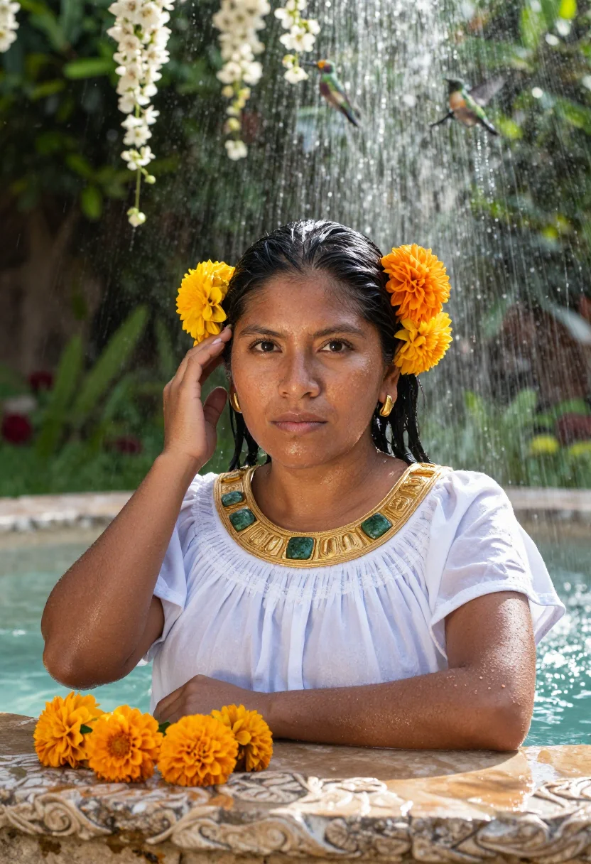 AI xochiquetzal sample — portrait of a woman, chest-up portrait of a Nahua woman with