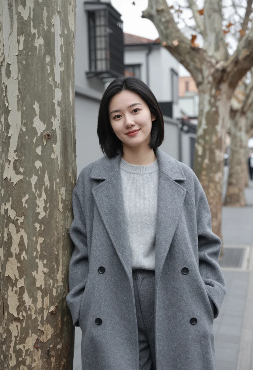 AI xuhui designer plane tree grey sample — portrait of a designer, chest-up portrait of a Shanghainese