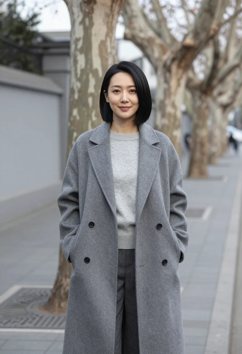 AI xuhui designer plane tree grey sample — portrait of a designer, chest-up portrait of a Chinese woman