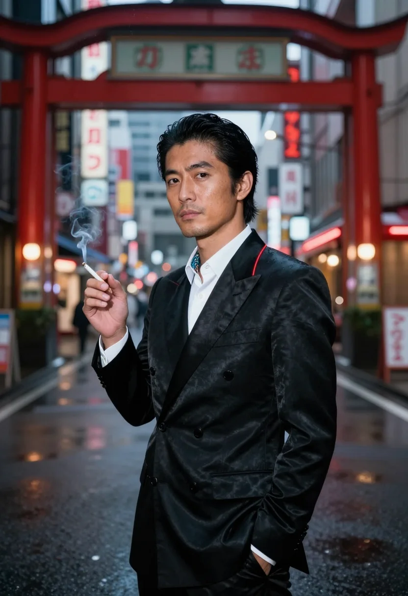 AI yakuza sample — portrait of a man, a Japanese man in his late thirties with