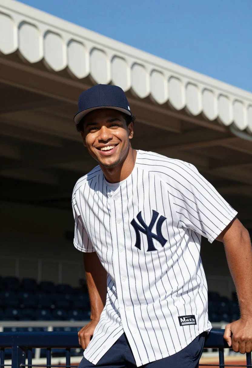 AI yankee stadium pinstripe navy bronx sample — portrait of a man, a Bronx-born Dominican-American man in hi