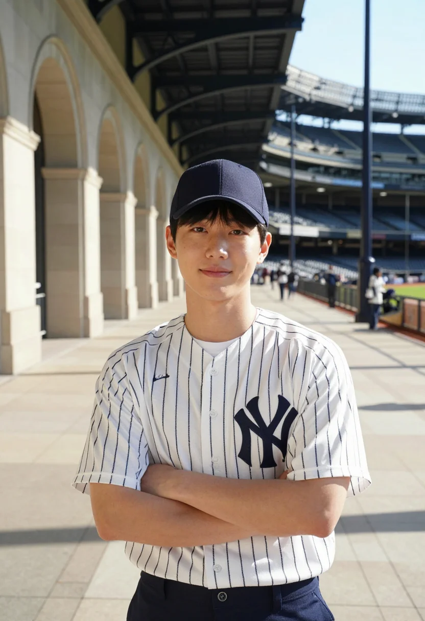 AI yankee stadium pinstripe navy bronx sample — portrait of a man, a Korean-American man in his late twentie