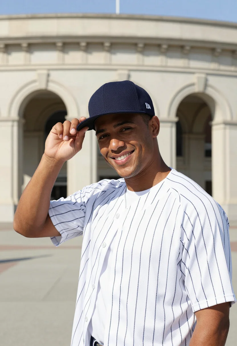 AI yankee stadium pinstripe navy bronx sample — portrait of a man, a Puerto Rican man in his late twenties w