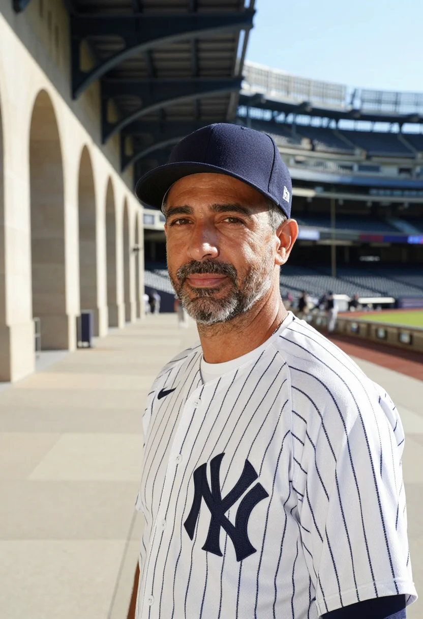 AI yankee stadium pinstripe navy bronx sample — portrait of a man, a Greek-American man in his mid-forties w