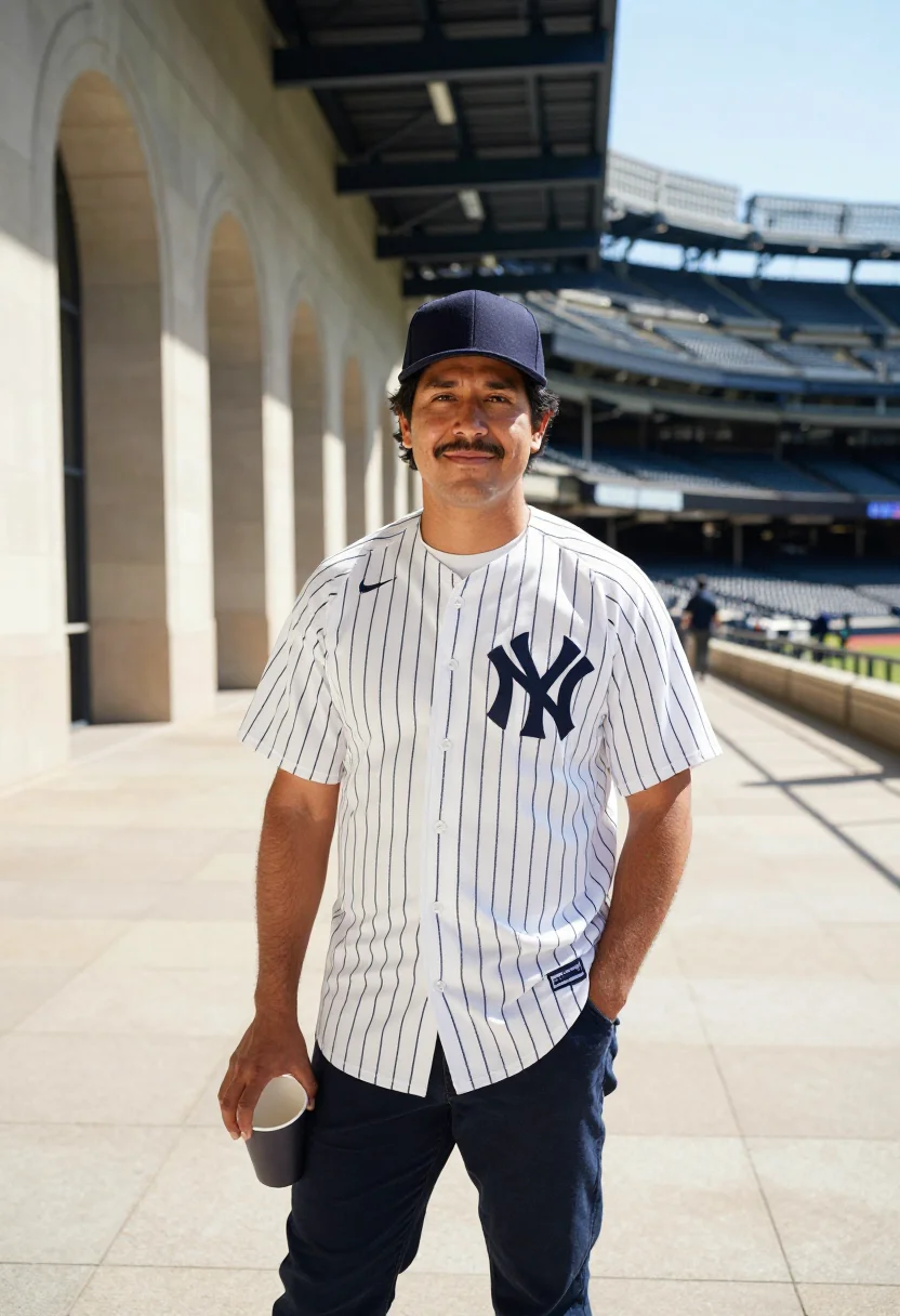 AI yankee stadium pinstripe navy bronx sample — portrait of a man, a Mexican-American man in his early thirt