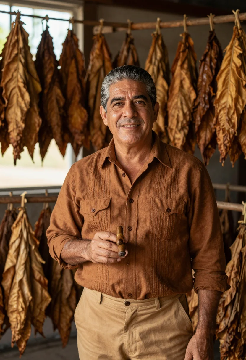 AI ybor city cigar maker tobacco sample — portrait of a man, Spanish-American, in his fifties, with ol